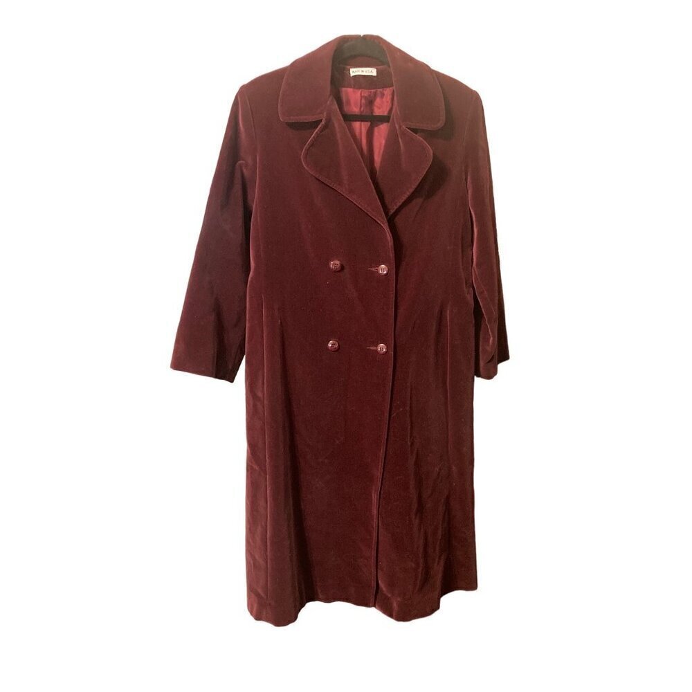 VTG B. Altman & Co Oneup Women's Burgundy Velvet Long Trench Coat Belt PKTS USA - Picture 3 of 9